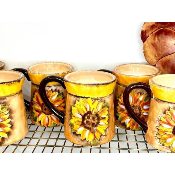 Set of 6 Vintage Clay Art Sunflower Ceramic Mugs HandPainted, Rustic Style - Picture 3 of 10